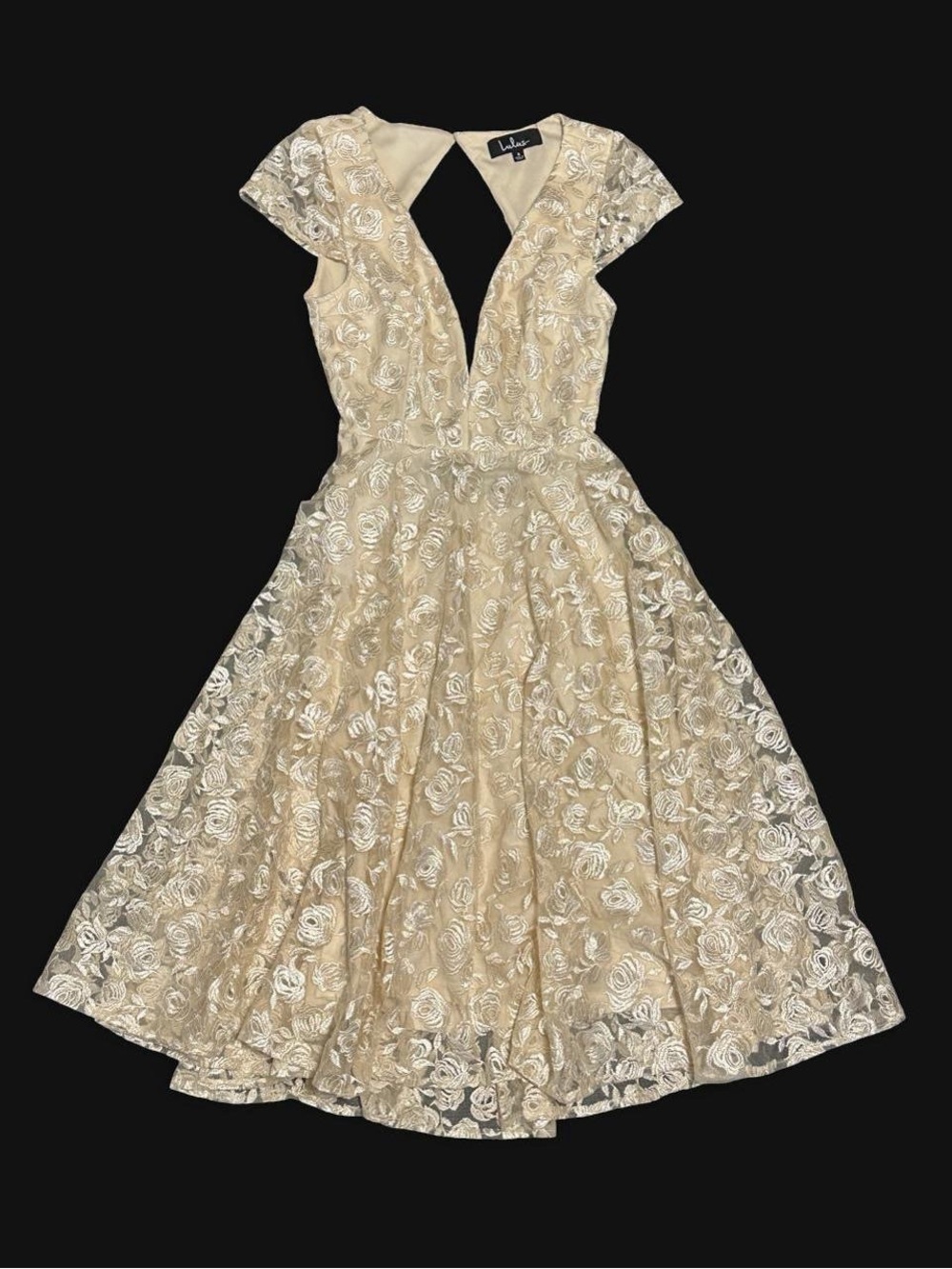 Lulu's Champagne Lace Midi Dress with Floral Embroidery